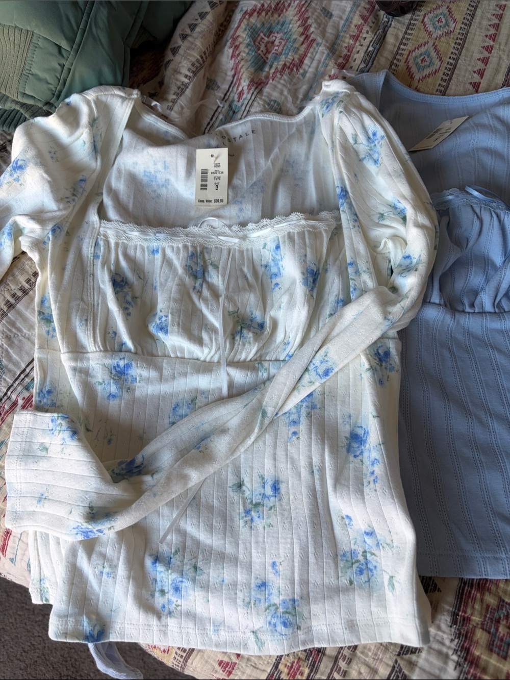 2 Aeropostale White Long-Sleeve Top with Blue Floral Print and solid blue